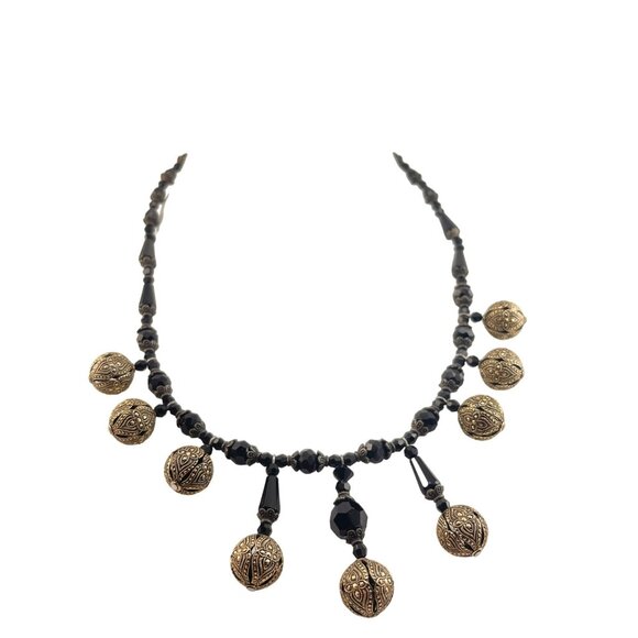 Czech Glass Bead and Sterling Silver Black Necklace Marcasite Mid Century - Picture 6 of 9